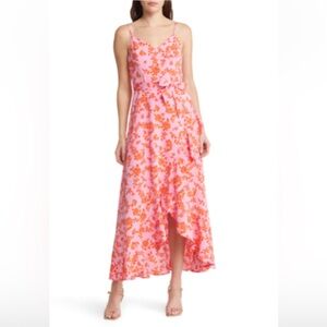 Chelsea 28 dress. Pink and orange flowery wrap dress. Midi length. size 1